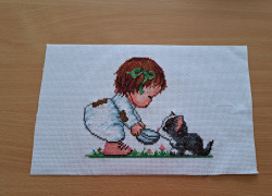 Výšivka dievčatko s mačiatkom